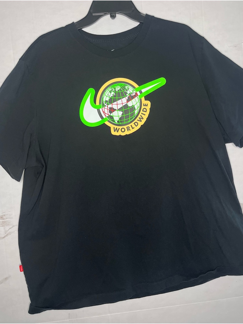 Nike Black Tee with Neon Green and Yellow Worldwide Globe Logo Men XXL